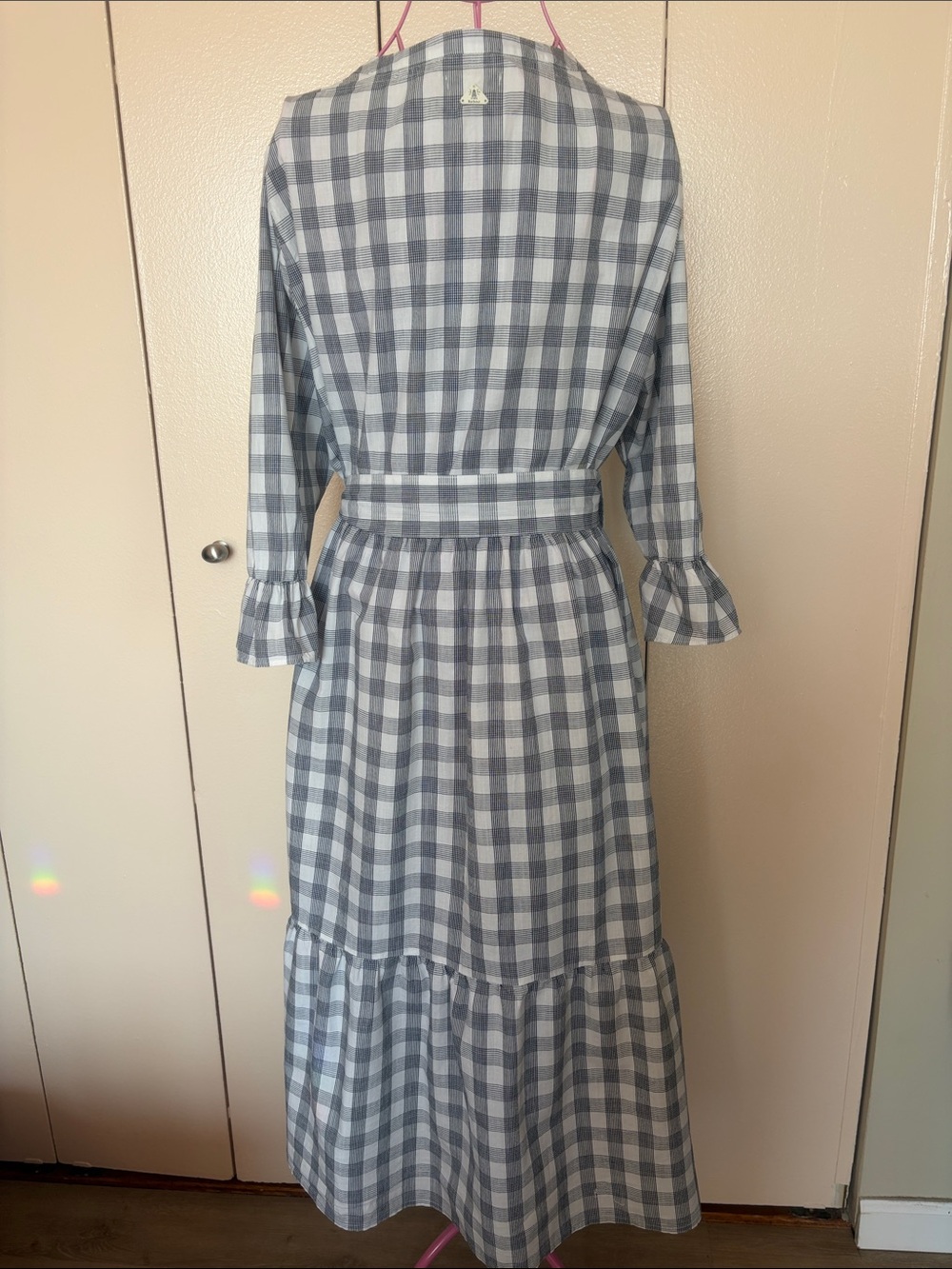 Barbour Gray and White Gingham Long Sleeve Maxi Dress with Waist Tie - Picture 3 of 12